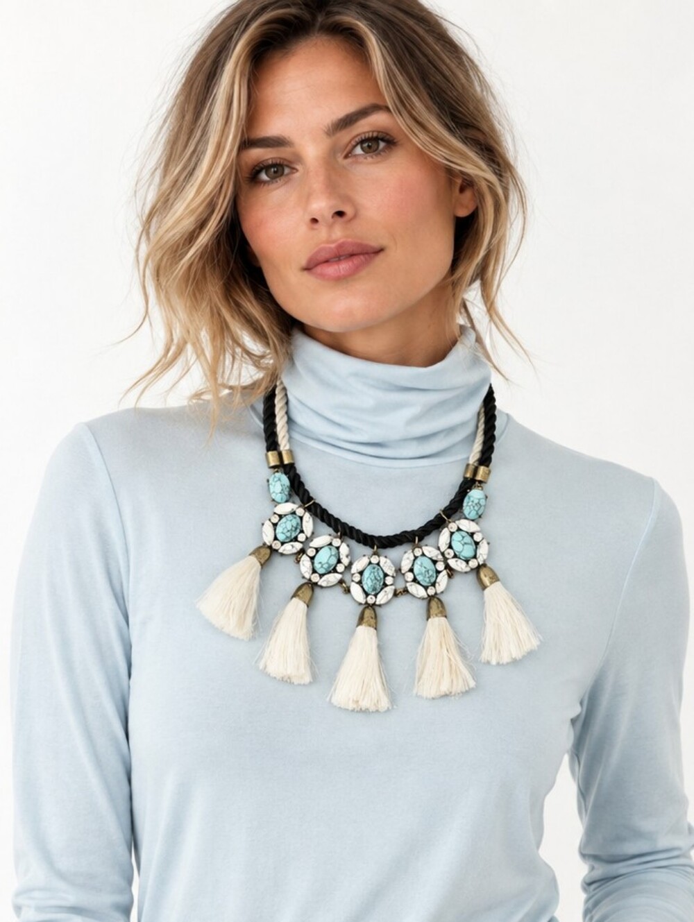 Paperdolls Necklace Faux Turquoise Tassel Southwestern Statement Style